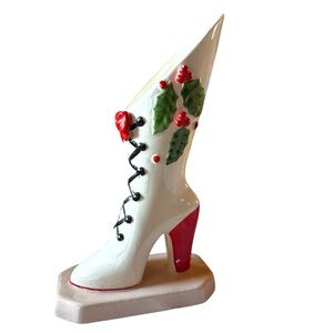 Vintage Napco Ceramic Holiday Boot Tall Victorian Lady Heel holly Christmas boot